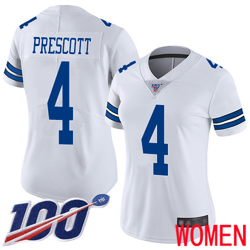 Women Dallas Cowboys Limited White Dak Prescott Road 4 100th Season Vapor Untouchable NFL Jersey